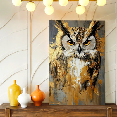 Abstract Owl Painting Gold Gray Wildlife Bird Modern Canvas Wall Art Print, Abstract Modern Wildlife Bird Gold Accent Home Decor For Living Room Bedroom Office Hallway Gallery