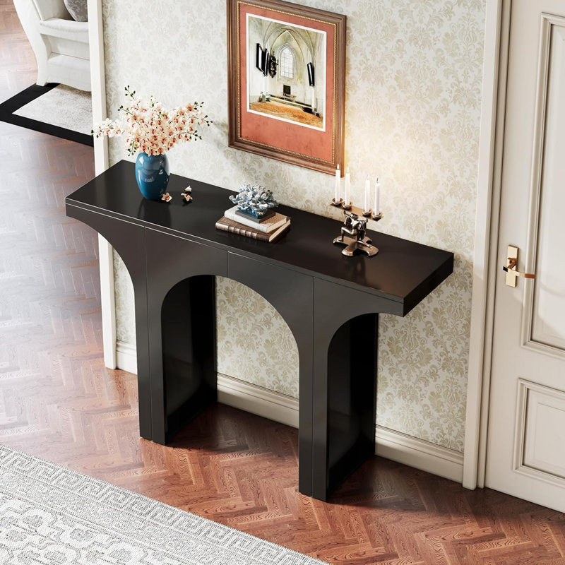 47” Modern Black Console Table For Entryway & Behind Sofa – Narrow Hallway Table With Arched Base