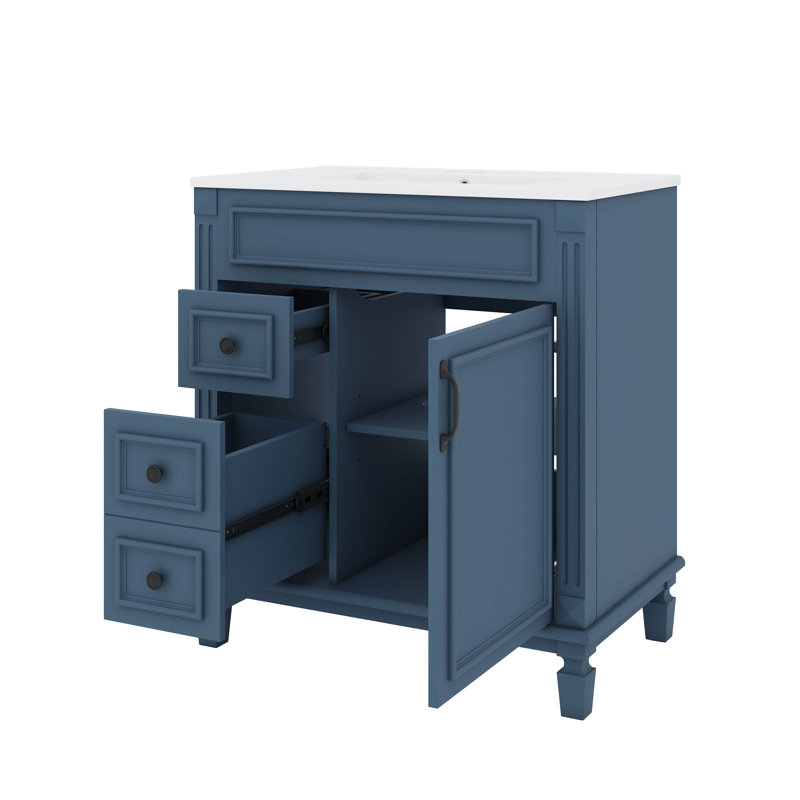 Meuble-lavabo moderne de 30 po avec lavabo, 2 tiroirs à gauche, tablette réglable et portes à fermeture douce, Bleu