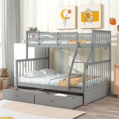 Twin Over Full Bunk Bed With Storage Drawers, Wooden Bunk Bed With Ladder And Safety Guard Rails –Gray