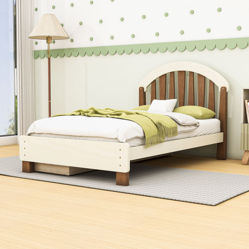 Lit plateforme en bois avec 2 tiroirs, tête de lit et lattes, Twin, Beige Deep Natural
