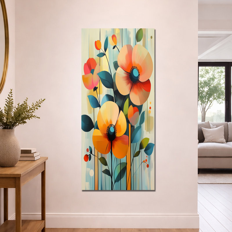 Panneau de papier peint orange et bleu rétro - coquelicots, art mural encadré floral, H 60 po x l 28 po, Toile tendue