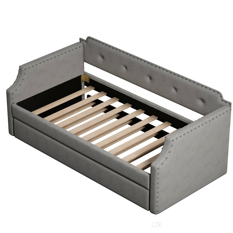Lit de jour rembourré avec lit gigogne, support à lattes de bois, canapé-lit avec cadre rembourré, gris