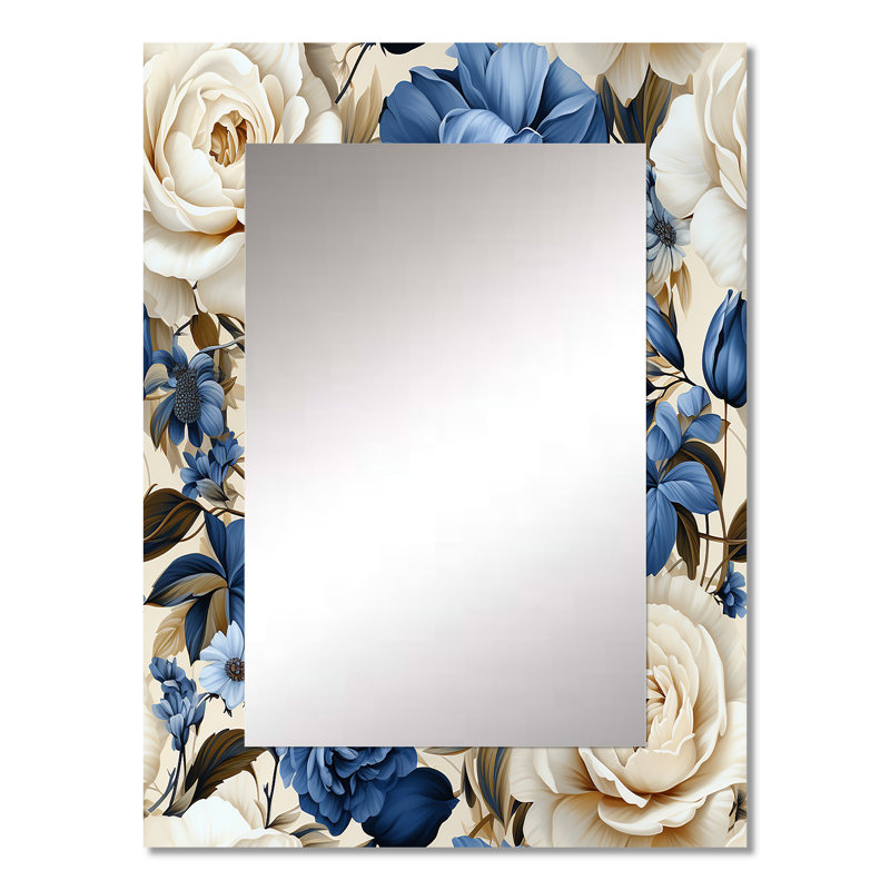 Keene Cobalt Blue Renaissance Roses Victorian Pattern - Floral Mirror, Cottage Decorative Wall Mirror, Printed Metal Art