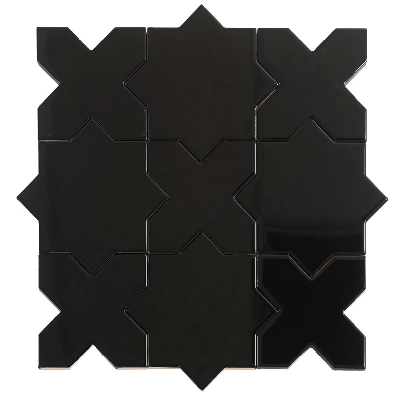 Carreau de sol en céramique brillante à motif d'étoiles 5 po Siena noir (10,76 pieds carrés / caisse) , Noir, Poli