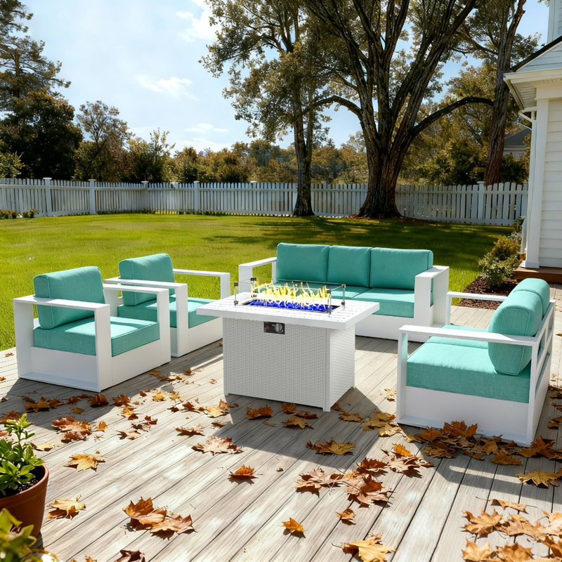 Modern Outdoor Aluminum 4-piece Conversation Set With Firepit Table, Teal Cushion/White Frame