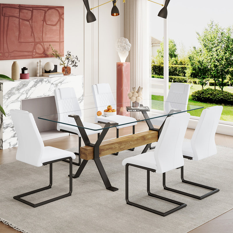 Ensemble de table de salle à manger 7 pièces 7 pièces, Blanc/Noir, H 122 cm x l 81 cm