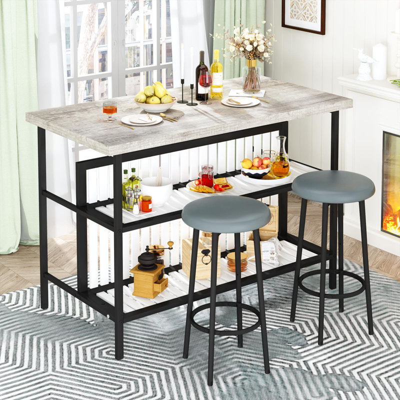 Ensemble de table de bar moderne 3 pièces avec tabourets de coussin en polyuréthane et rangement à 2 niveaux
