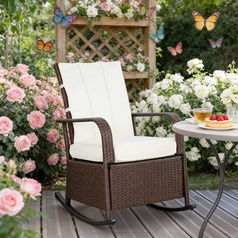 Outdoor Rocking Rattan Recliner,Rocker Chair, Brown, White