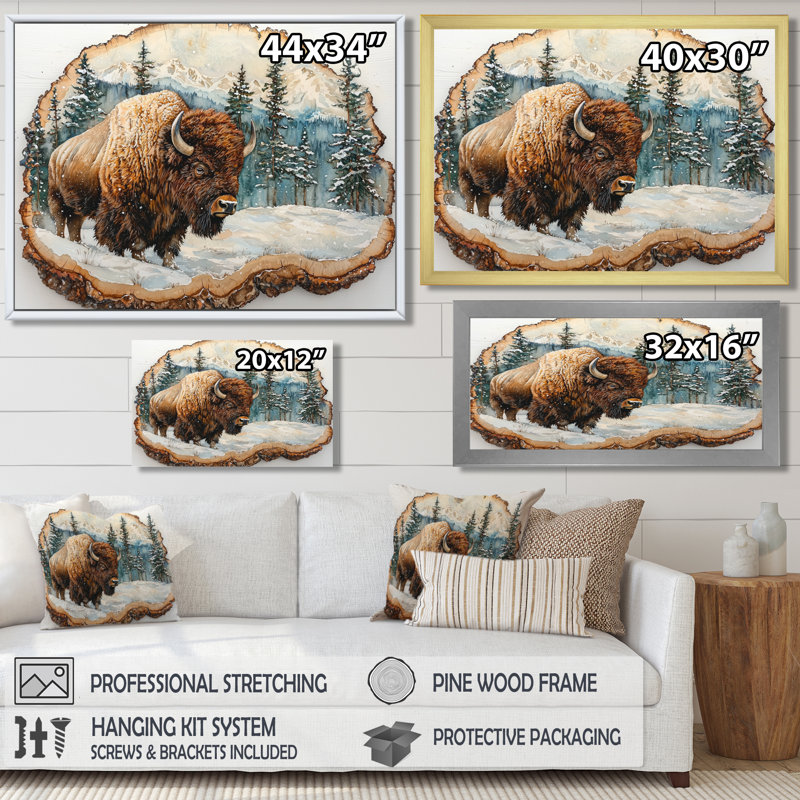 Bison américain dans une glissade en bois, paysage de forêt II - bison, art mural, H 34 po x l 44 po, Cadre simple, Doré