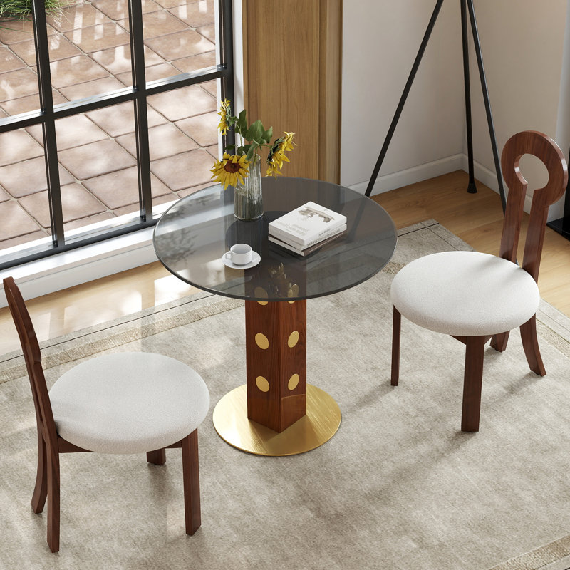 Table de salle à manger ronde moderne, table en verre trempé de 33,5 po avec pieds en bois et base dorée, table de cuisine pour 2 personnes pour petit espace, capacité de poids de 150 lb (seulement la table de Négociation)