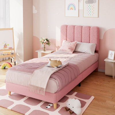 Structure de lit avec tiroir sous le lit, lit plateforme tapissier avec tête de lit Wave pour enfants, support de lattes en bois