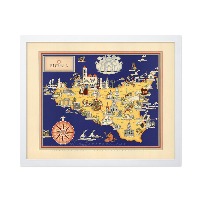 Carte illustrée de la Sicile, Affiche, H 12 po x l 16 po, Encadrement blanc