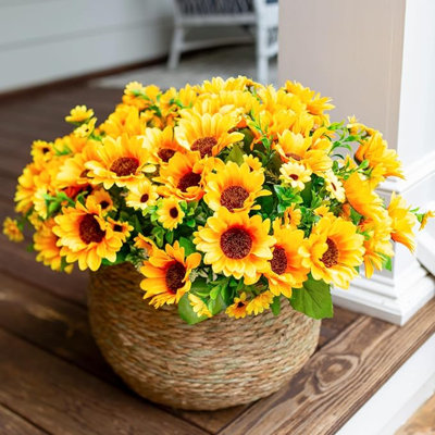 Artificial Faux Sunflowers Flowers Plants For Fall Outdoor Indoor Decoration, 10 Bundles Fake Silk Fall Flower Bouquet UV Resistant Sunflower For Planter Front Door Porch Patio Balcony Office