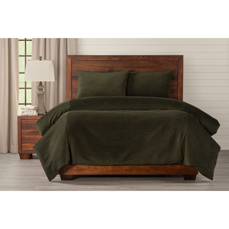 Velvet Chevron Pleated Moss Green Duvet Cover Set, California King Duvet Cover + 2 King Shams