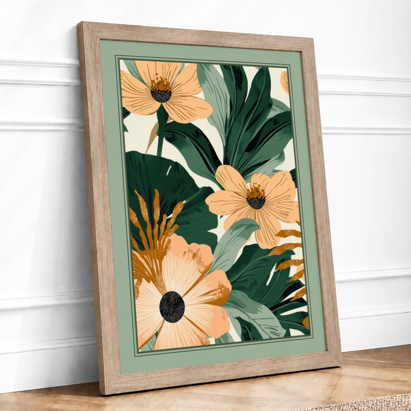 Peach Daisies and Foliage Botanical - Framed Print, A4 - 29.7 x 21.0 cm, Oak