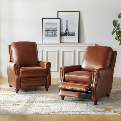 Andrena 34" W Top Grain Leather Recliner with Nailhead Trim (Set of 2) 