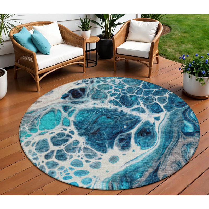 Tapis d'intérieur rond lavable nautique bleu sarcelle et bleu marine HomeRoots 8 pi