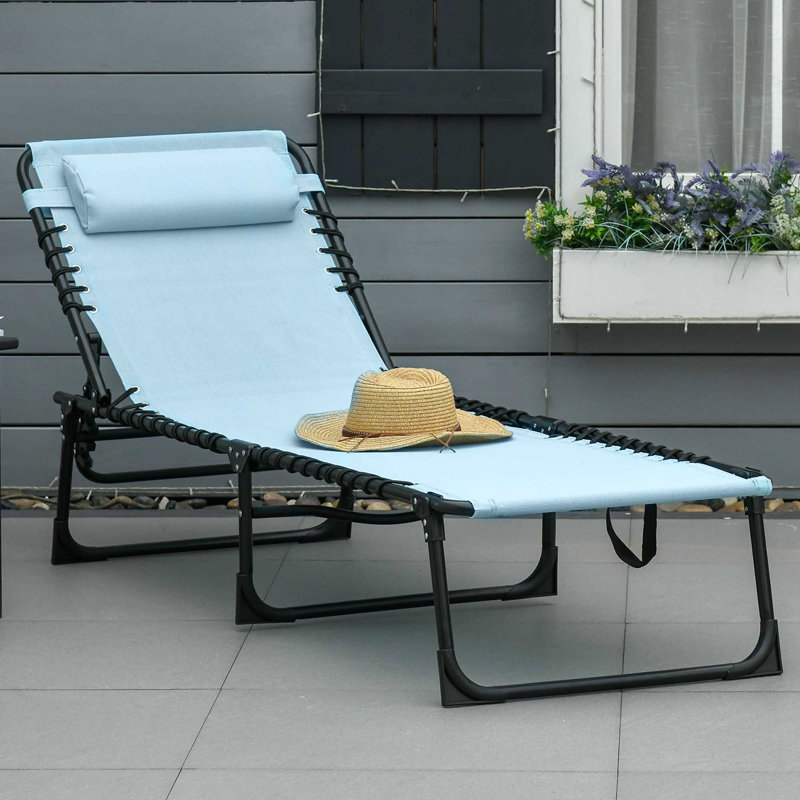 Lit de bronzage pour patio pliable avec 4 pentes, oreiller, filet et élastique, chaise pliante d'extérieur Blue Glisten, respirant et doux