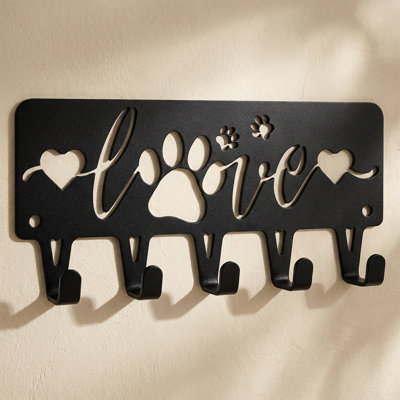 Black Metal Wall Hook Rack with Dog Paw & Heart Design, Wall Mounted Coat Rack Multi Hook Organizer
