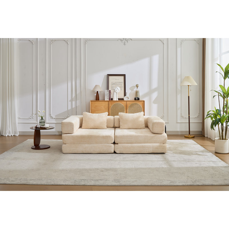 Canapé à compression, canapé-lit à plancher convertible à structure fixe, canapé modulaire sans os sans causeuse, sans assemblage requis, tissu chenille, pour chambre à coucher de salon, beige