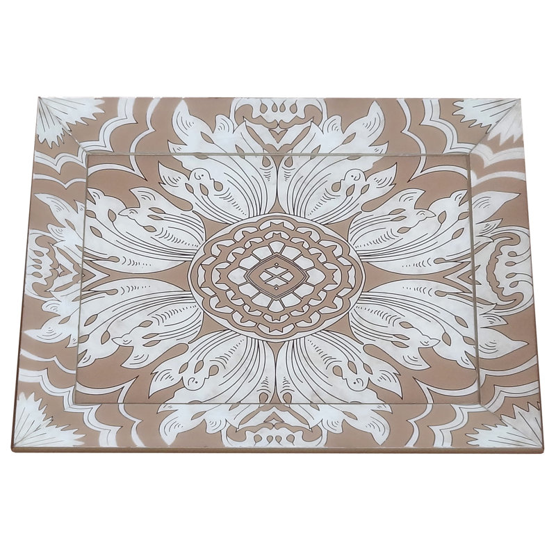 Reverse Painted Mirror Accent Coffee Table Tray, Sand/Silver, 1.6" H x 17.7" W x 24" D