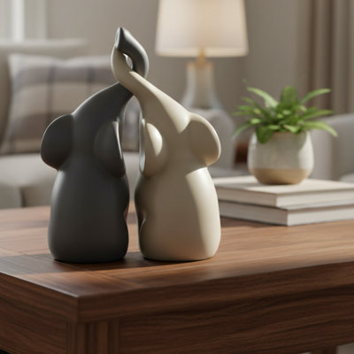 A Pair Of Ceramic Elephant Figurines Depicting Lovers, In Beige And Grey, A Modern Sculpture Set, 6.4 Inches Tall, Perfect For Home Decor.
