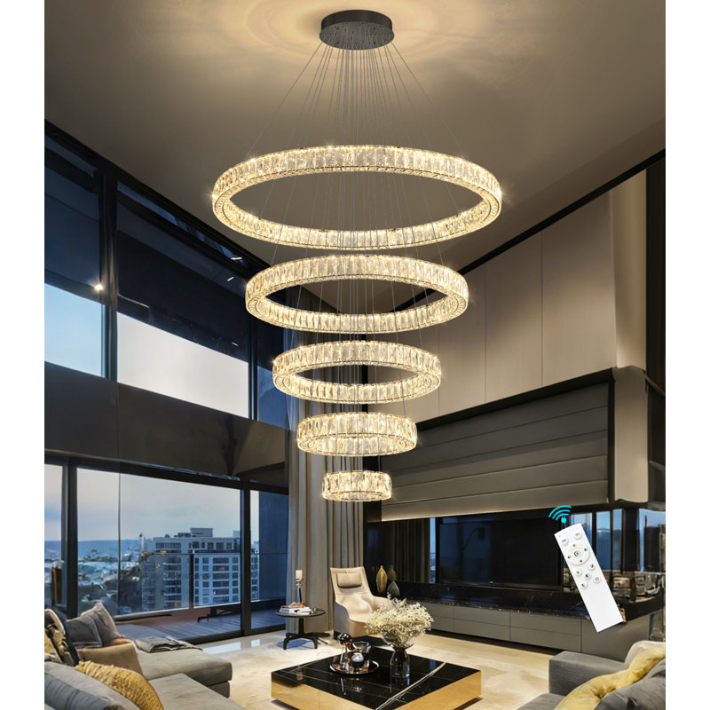 Lustre moderne en cristal à 5 anneaux, Noir mat