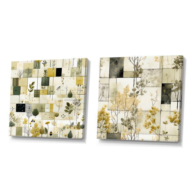 Green Cubic Botanical Dreams - Ensemble de 2 collages carrés botaniques abstraits, H 16 po x l 33 po, Toile tendue