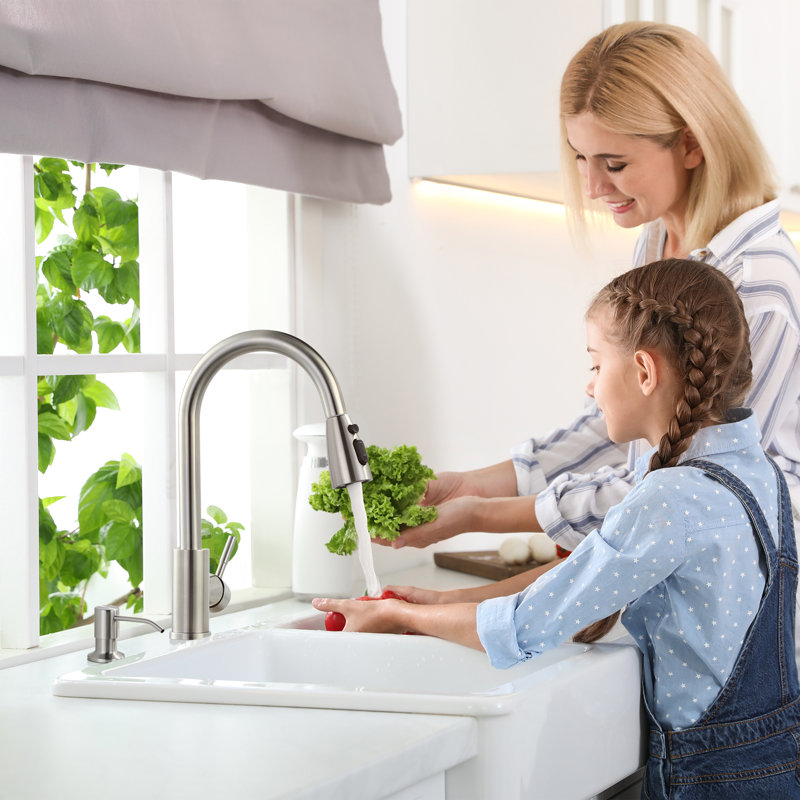WOWOW Pull Down Kitchen Faucet with Soap Dispenser, Brushed Nickel