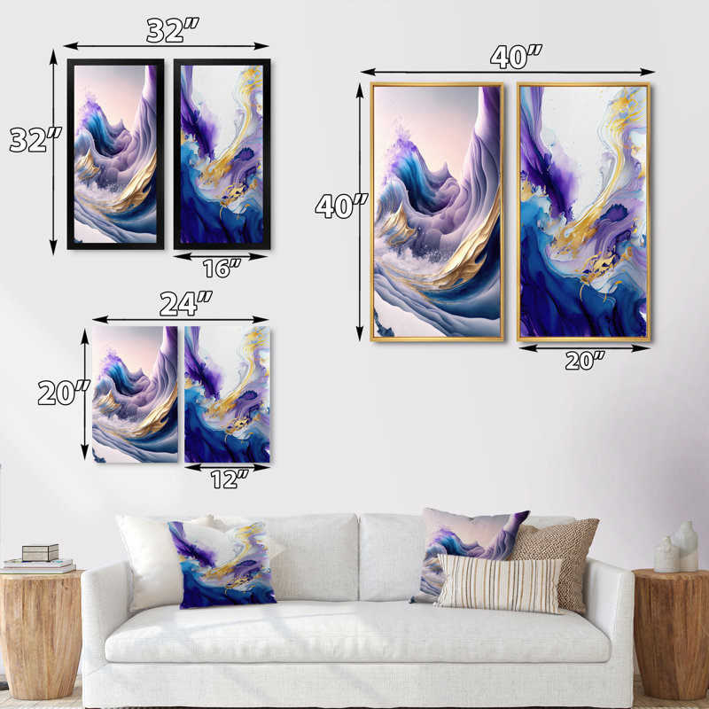 «Blue, Gold and Purple Splash Paint IV», 2 pièces sur toile, Encadrement doré, H 40 po x l 40 po