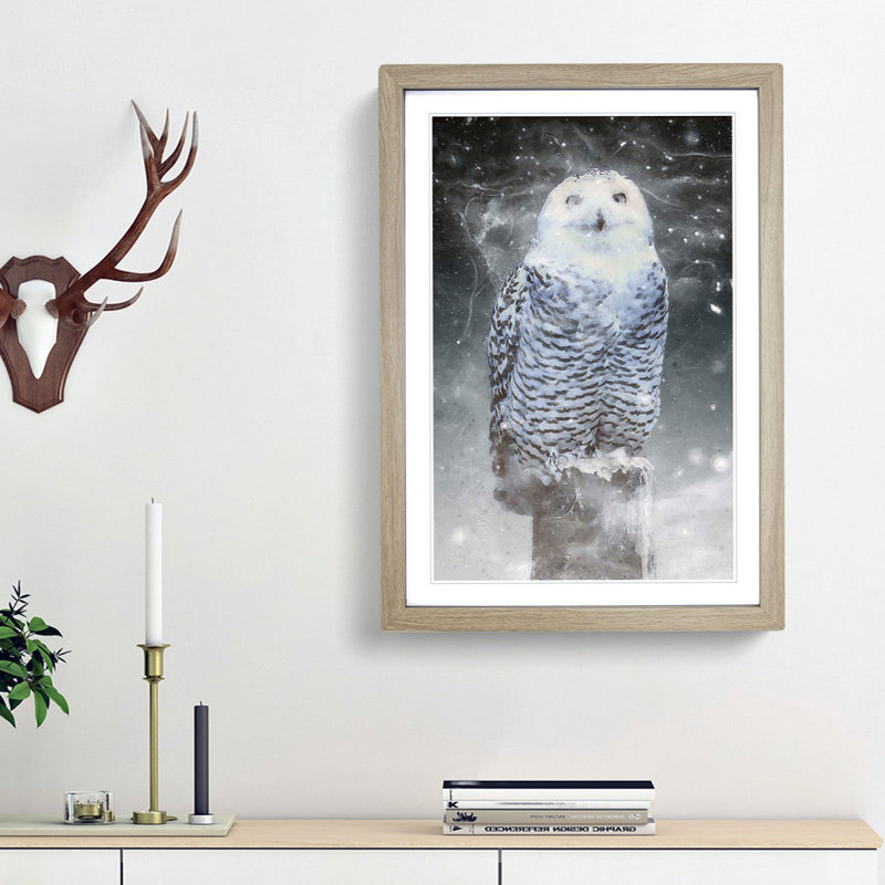 Snowy Owl on a Perch - Picture Frame Graphic Art Print, Oak Framed, 65cm H x 48cm W x 2cm D