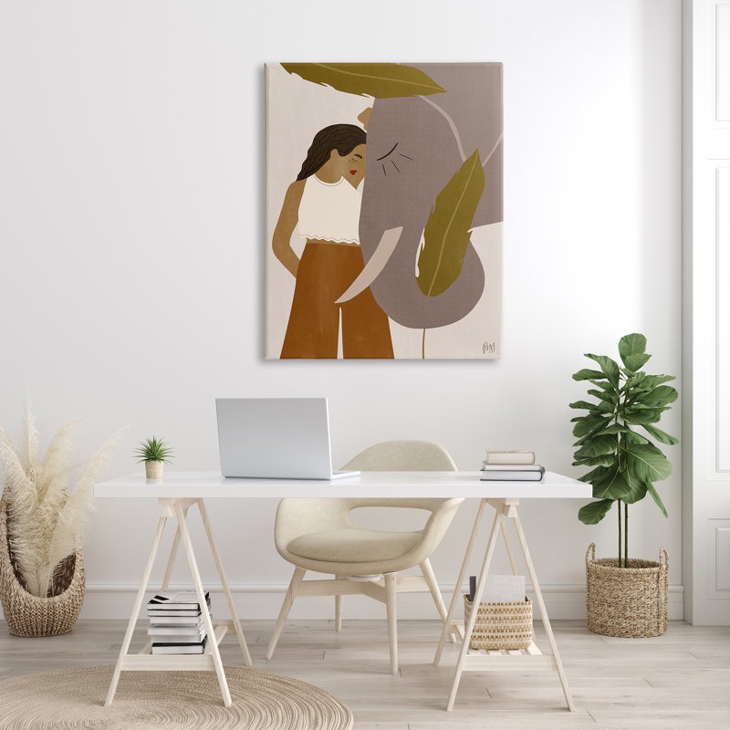 Portrait d'une femme debout avec un éléphant aux tons de terre par Birch & Ink - impression sur toile non encadrée