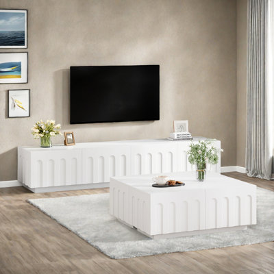 Set Of 2 Elegant Tv Stand & Coffee Table With Arched Design And Drawers