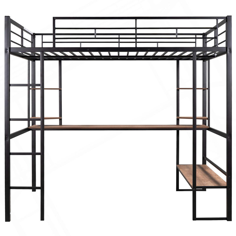 Lit Loft en métal et panneau de fibres à densité moyenne avec long bureau et tablettes