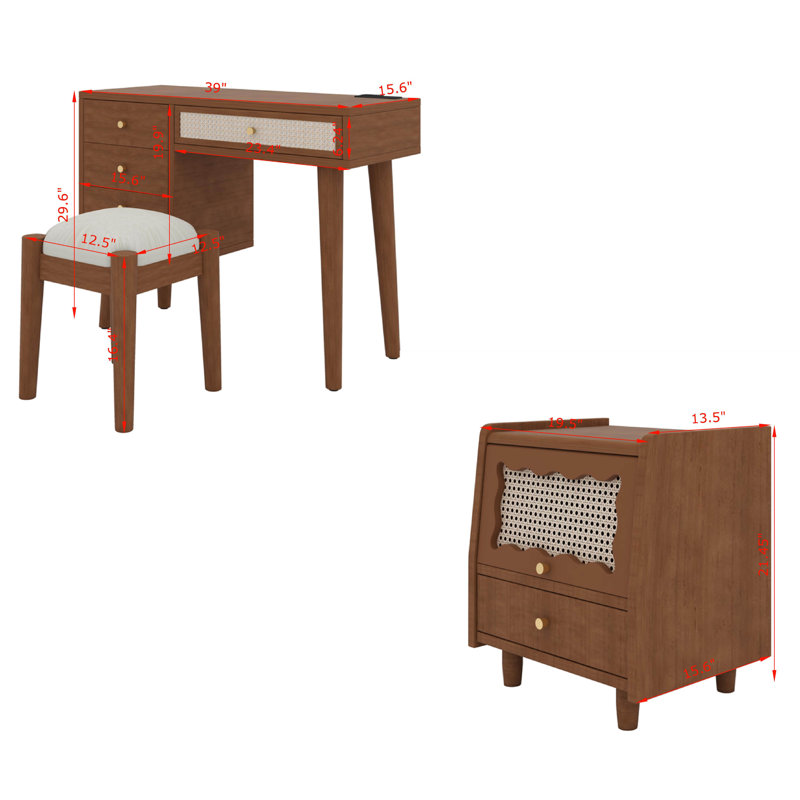 Ensemble de chambre à coucher 3 pièces avec cadre de lit en bois, Noyer, Double