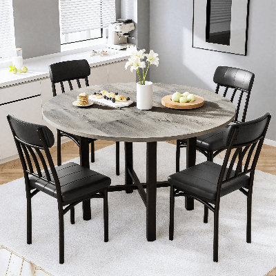 Round Dining Table Set For 4, 5-Piece Circle Kitchen Table And Chairs Set For 4,  Modern Round Dining Table With 4 Faux Leather Upholstered Chairs For