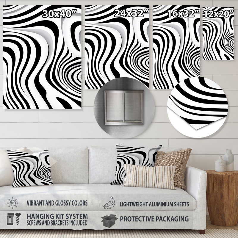 Impression d'empreintes digitales, Labyrinthe monochrome - Vagues, Métal métal, H 44 po x l 34 po