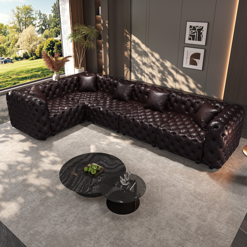 Canapé Chesterfield modulaire en forme de L de 132,5 po, canapé modulaire 5 places, canapé modulaire avec 5 coussins, 5, Brun