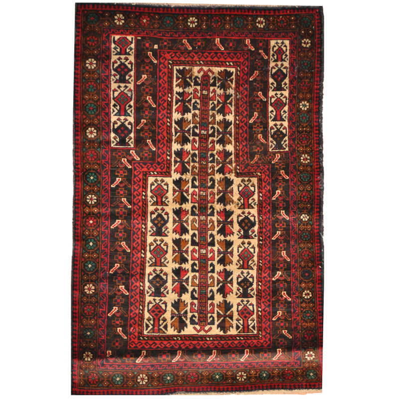 Tapis décoratif en laine de conception unique noué à la main balouchi beige/rouge 2 pi 10 po x 4 pi 5 po