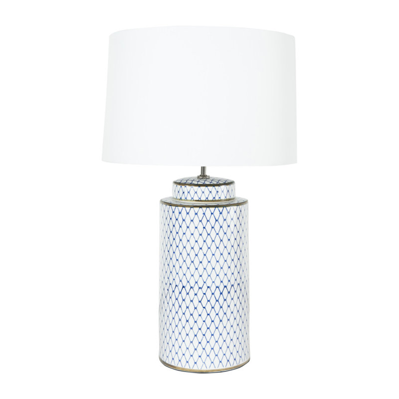 Ceramic Table Lamp with Linen Shade, White/Blue