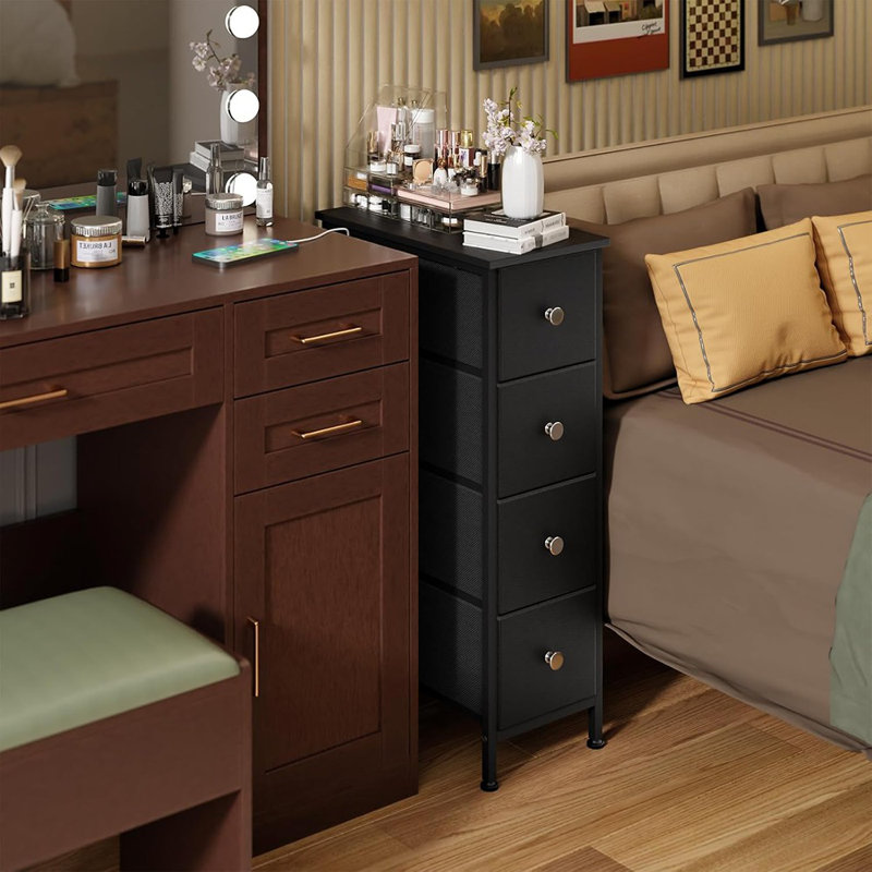 Narrow Storage Cabinet, Small Dresser With 4 Drawers, Slim Fabric Dresser Storage For Small Spaces, Black Nightstand Side Table For Bedroom, Bathroom, Laundry, Closet, Dorm