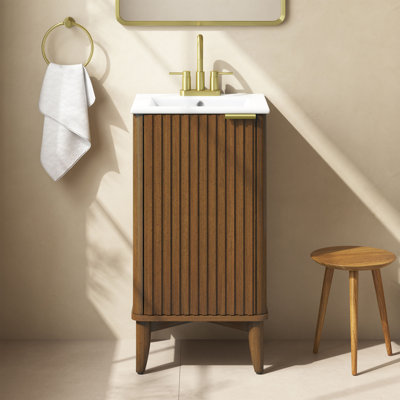 Gabi 18 in. Single Sink Freestanding Bathroom Vanity in Warm Walnut, White Ceramic Top, Brushed Gold Hardware
