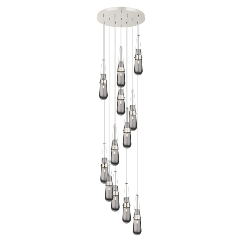 Luminaire suspendu en grappe à 12 lumières, Gris fumée clair, Nickel poli