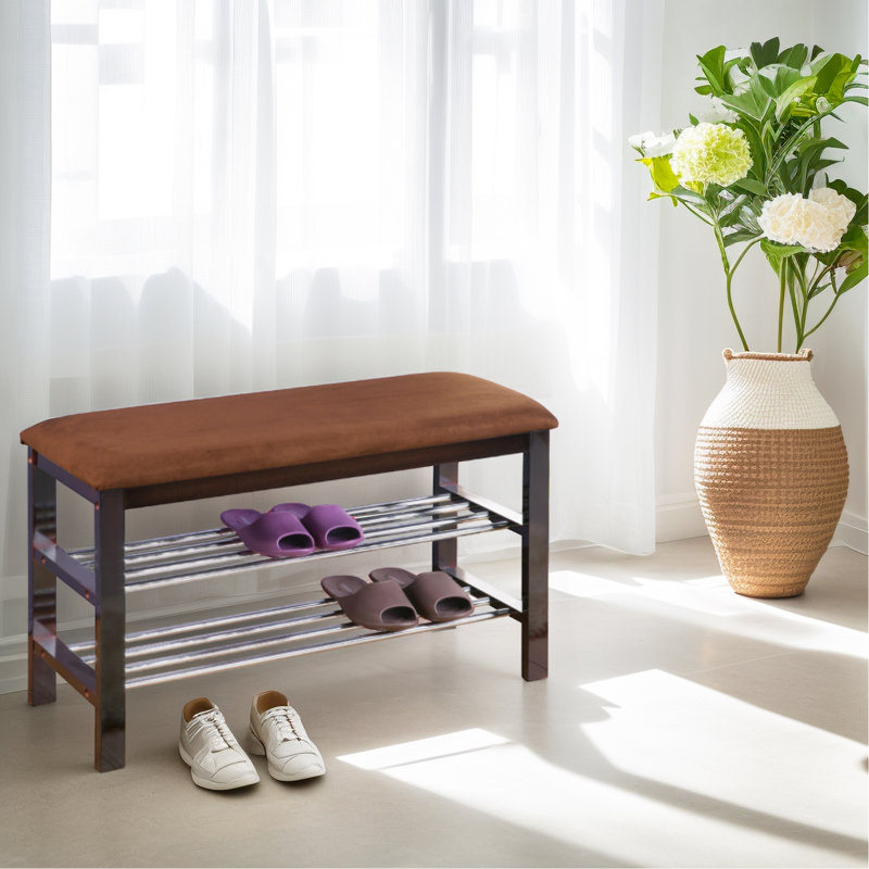 Banc à chaussures en bois avec siège en microfibre chocolat, espresso
