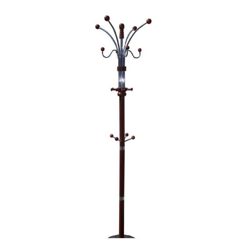 73" Tall Chrome And Wood Coat Rack, Cherry Finish