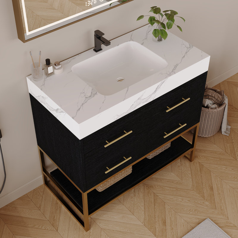 Meuble-lavabo moderne 36 po avec plateau en pierre frittée, lavabo en céramique, pieds dorés, tiroir rabattable et tiroirs à fermeture en douceur