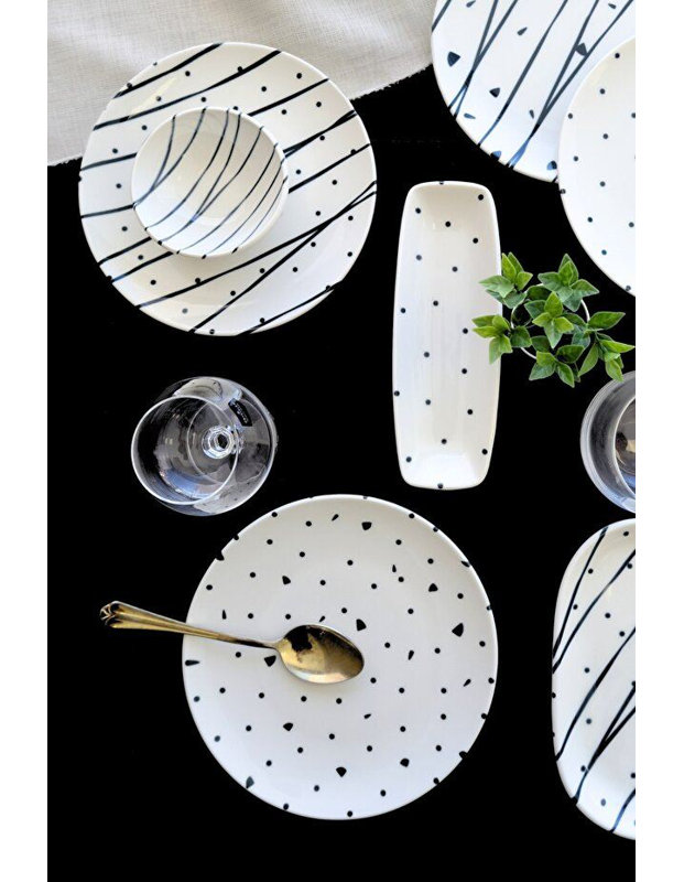 Ensemble de petit-déjeuner élégant 14 pièces, 100% porcelaine | Comprend 6 assiettes de service (7,9 pouces), 4 bols Joker (3,9 pouces), 2 plaques d'huile (7,5 x 4,7 pouces), 2 plateaux (7,9 x 2,8 pouces) | Va au lave-vaisselle et au micro-ondes, parfait pour un repas élégant