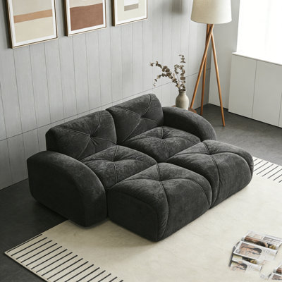 Velvet Fabric Sofa with Movable 2 Ottomans