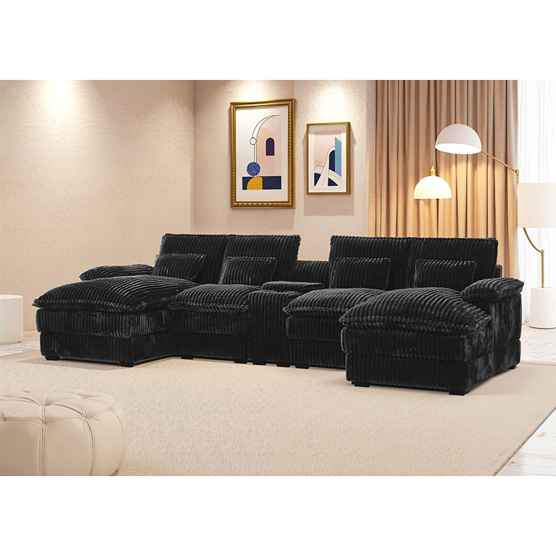 Canapé courbé à quatre places en éponge à compression complète, tissu en velours de peluche